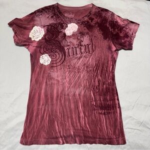 Vintage Sinful Distressed Maroon and White Floral Tee Size XL